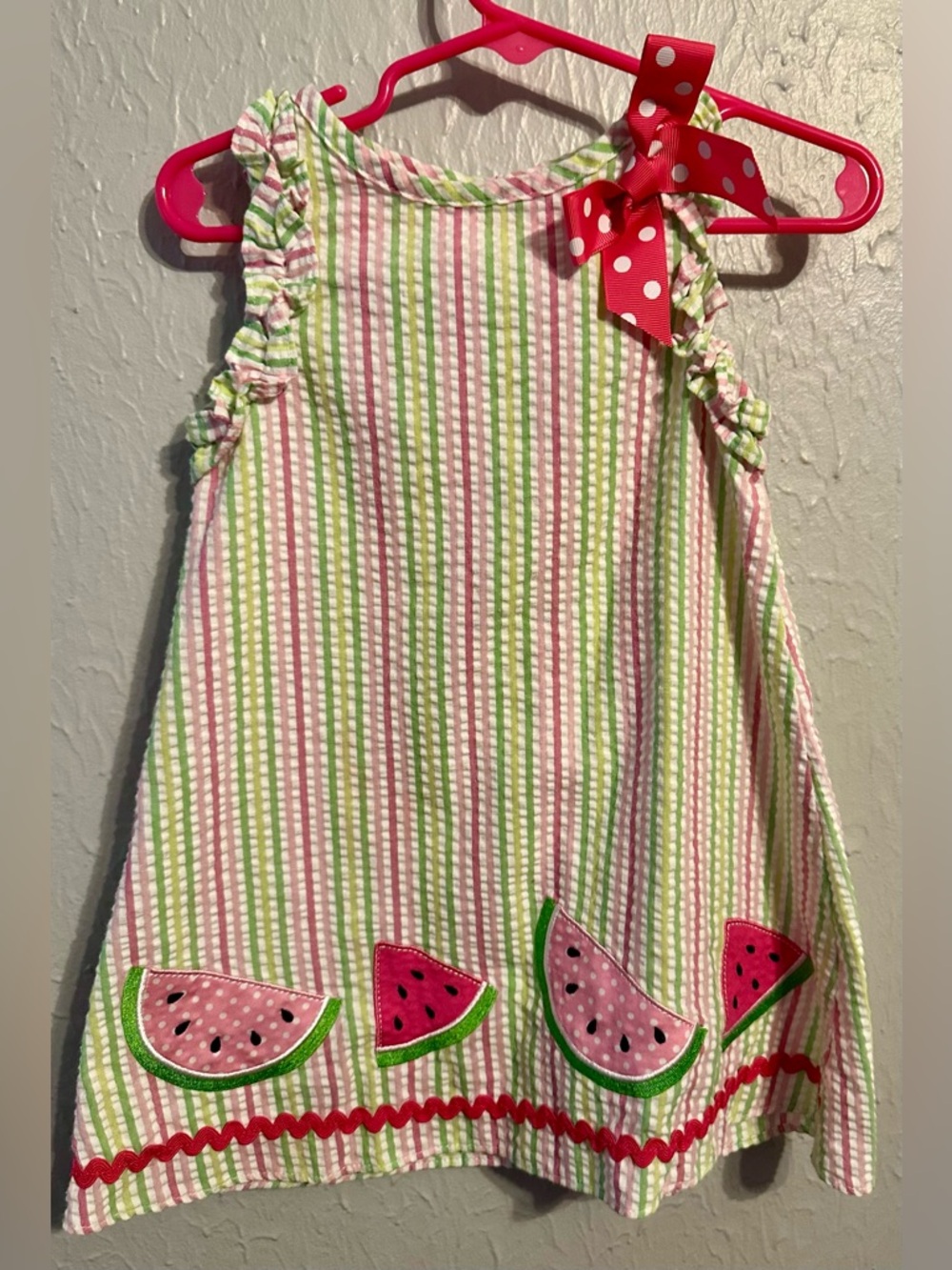 Good Lad Pink and Green Seersucker Watermelon Appliqué Sundress
